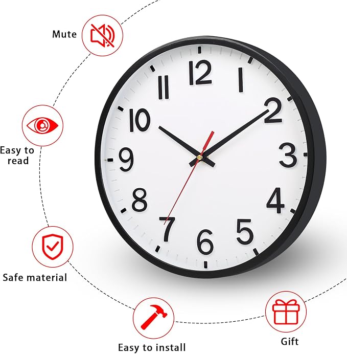 Wall Clocks Battery Operated 10 inch Modern Wall Clock,Silent Non Ticking Wall Clock for Living Room Bedroom Kitchen Office Classroom Decor (White and Black)