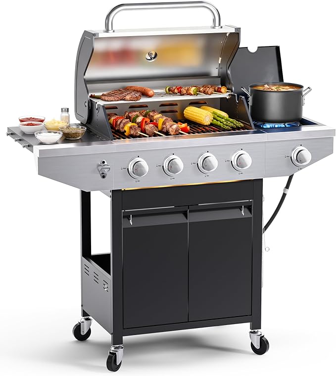 EUHOME 4-Burner Propane Gas BBQ Grill with Side Burner, 46,500 BTU Output Stainless Steel Barbecue Grill with Enameled Cast Iron Grates and Side Tables for Outdoor Cooking Kitchen and Patio Backyard