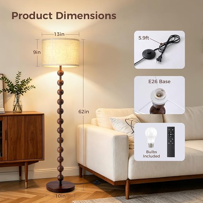 62" Vintage Farmhouse Floor Lamp for Living Room,3 Color Temperatures & Dimmable,Rustic Standing Lamp with Remote & Foot Switch,Retro Wood Grain Tall Floor Lamp for Bedroom Office Corner(Walnut)