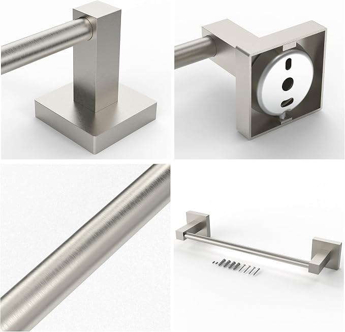 Ruacq Hand Towel Holder 10inch, Stainless Steel Towel Ring, Square Base Towel Bar for Bathroom, Brushed Nickel Single Towel Bars, Towel Holder Wall Mounted, Total Length 12inch