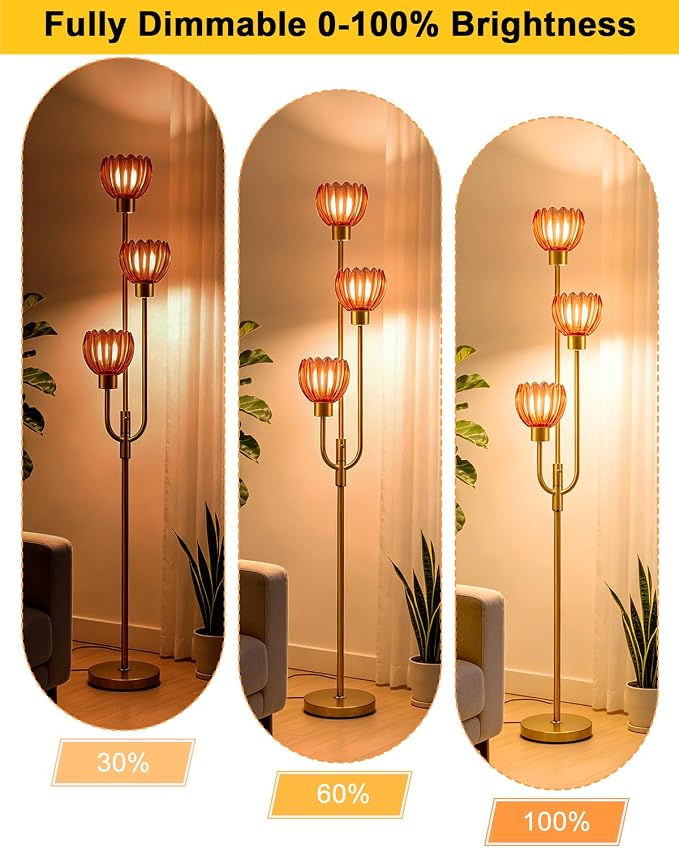 Lightdot 3-Lights Modern Glass Floor Lamp Gold Dimmable Floor Lamps with 3000K Warm White Bulbs for Wedding Party 66IN Tall Standing Lamp with Deep Red Glass Shade for Living Room/Bedroom/Home Decor