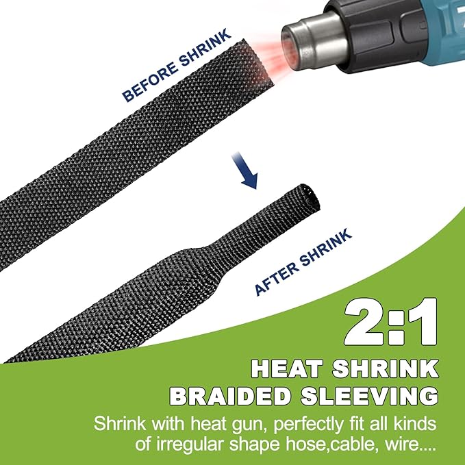 2:1Heat Shrink Wire Loom Braided Cable Sleeves,Heat Resistant Fabric Woven Shrink Tubing Wiring Harness for Protection Automotive,Harness Cable,Cable Management (1/2"-12ft)