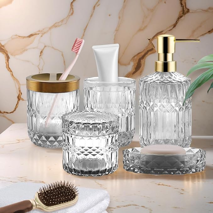 5Pcs White Bathroom Accessories Set, Glass Bathroom Accessories, Vintage Bathroom Countertop Decoration Includes Soap Dispenser, Toothbrush Holder, Qtip Holder,Soap Dish and Rinsing Cup