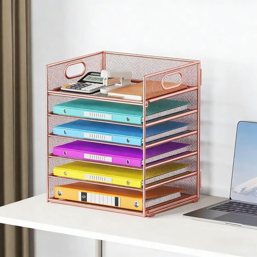 Regine Switzerland 6-Tier Letter Tray - Stylish Rose Gold Mesh Desk Organizer for Office & Home