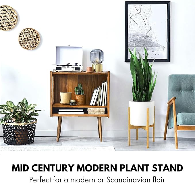 Fox & Fern Adjustable Plant Stand Indoor — 8 to 12 Inch Mid Century Bamboo Plant Stand with Adjustable Width - Plug In Design - Easy to Assemble - Two Heights - For 8, 9, 10, 11 & 12 Inch Pots