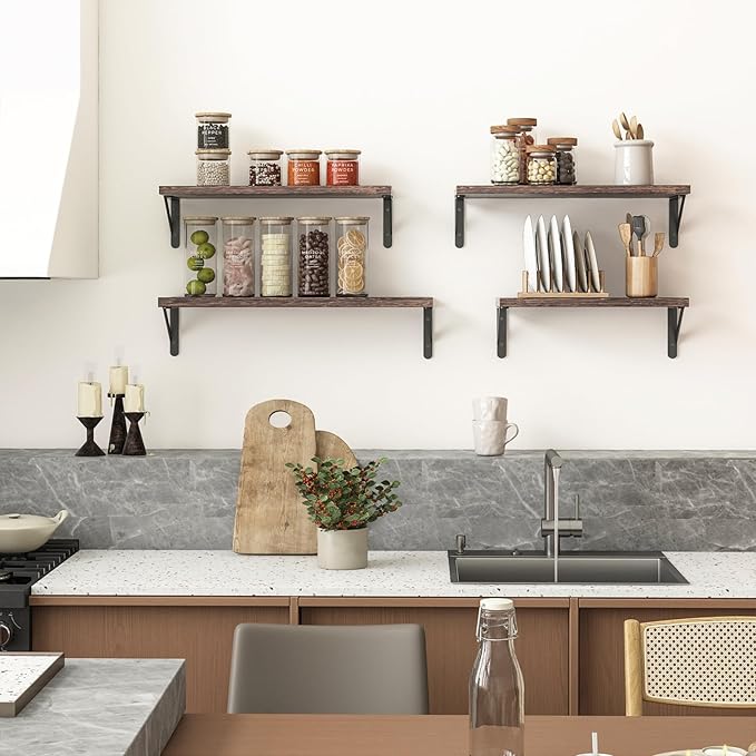 YGEOMER Floating Shelves for Wall, Different Sizes Dark Carbonized Brown Wall Shelves for Living Room, Bathroom, Bedroom, Kitchen, Home Decor (Set of 4)