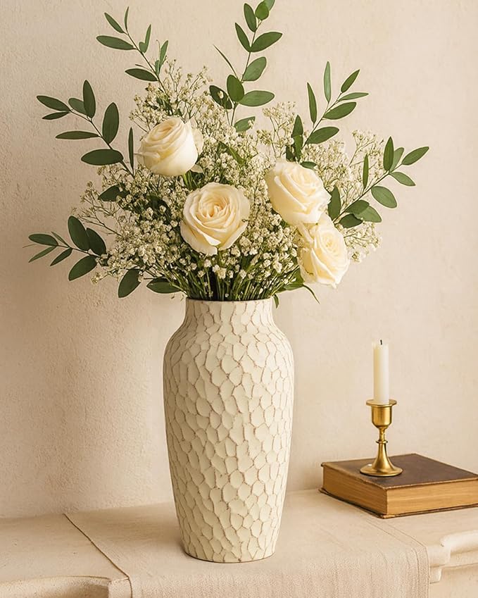 Rustic Beige Ceramic Vase for Flowers, Distressed Textured Vintage Farmhouse Decorative Vase for Pampas Grass, Eucalyptus, Table Centerpiece & Fall Home Decor