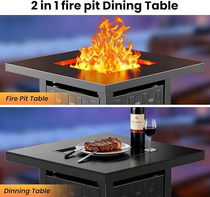 28 Inch Propane Fire Pit Table, 50,000 BTU 2 in 1 Fire Pit Table, Metal Tabletop, Adjustable Flame, Outdoor Fire Pit for Patio, Garden, Yard, Outdoor Gatherings