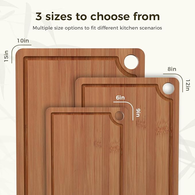 Bamboo Cutting Board for Kitchen, Wooden Cutting Board 3-Piece Set with Non-Slip Mat Deep Juice Groove and Built-In Handles, Wood Cutting Board for Meat Vegetables Fruit Ideal Gift for the Home