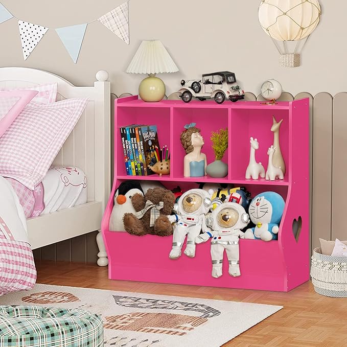 Lerliuo Kids Toy Storage Organizer, Children Small Bookcase and Bookshelf, Toddler 4 Cubby Toy Storage Cabinet, Toy Shelf for Playroom, Bedroom, Living Room, Nursery, School 29.53'' H (Pink)