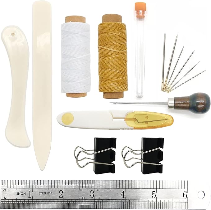 Bookbinding Tools, 16 Pieces Starter Tools Set Bone Folder Paper Creaser, Large-Eye Needles, Awl, Waxed Thread for DIY Bookbinding Crafts and Sewing Supplies