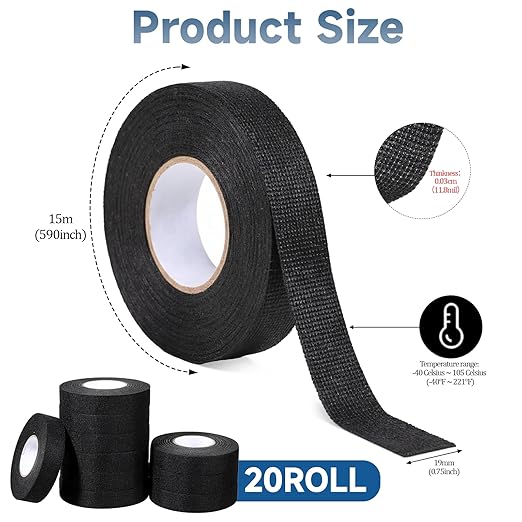 20 Rolls Wire Harness Tape, 3/4 Inch x 49 FT High Temp Self-Adhesive Fabric Electrical Cloth Tape for Automotive Engine Wiring Loom, Noise Damping, Insulation Protection