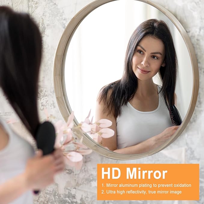 Natural Wood Round Mirror, 24 Inch - Wall Circle Mirror for Bathroom or Nursery Decor