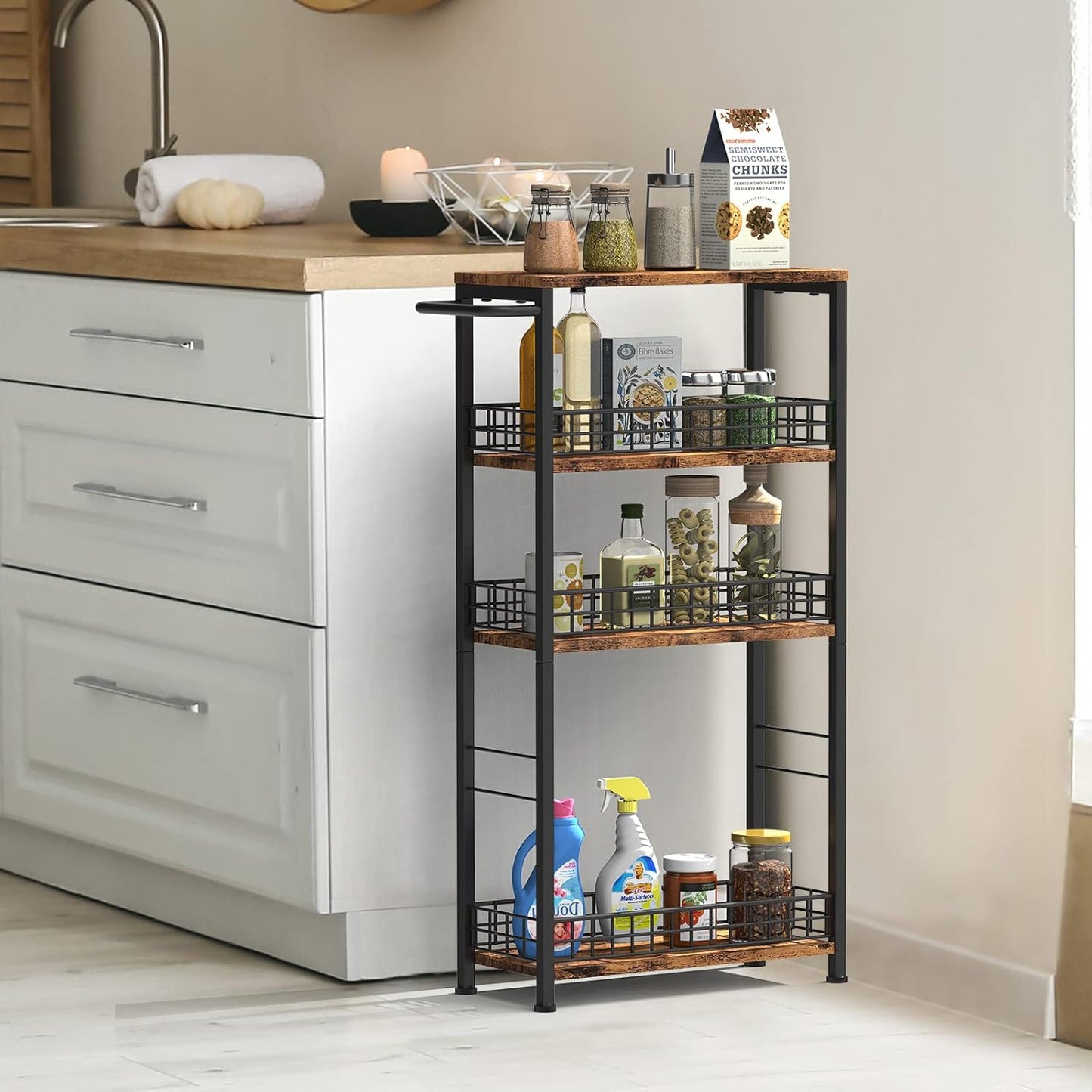 Skiennix Slim Rolling Kitchen Cart - 4-Tier Mobile Shelving Unit with Wood Top for Small Spaces | Brown