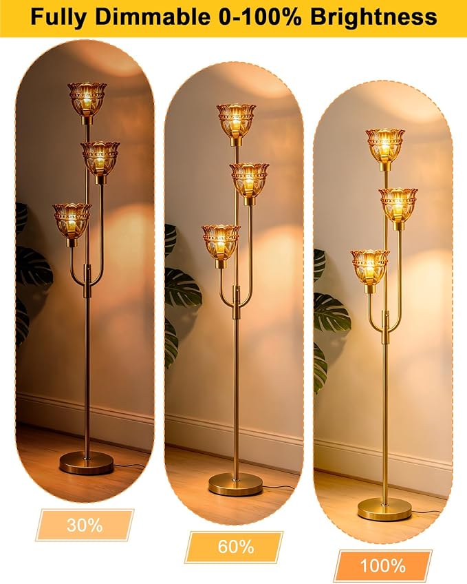 Lightdot 66IN 3-Lights Modern Glass Floor Lamp Gold Dimmable Floor Lamps with 3000K Warm White Bulbs for Wedding Party Tall Standing Lamp with Amber Glass Shade for Living Room/Bedroom/Home Decor