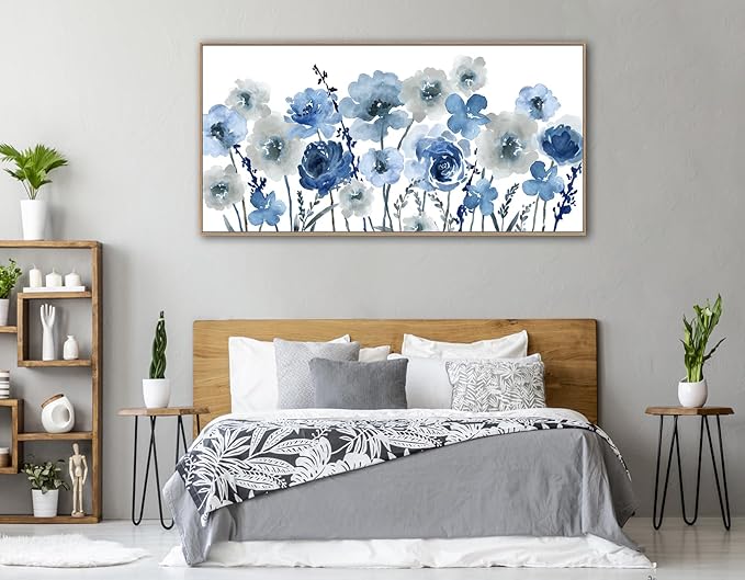 Framed Flowers Canvas Wall Art - Indigo Floral Canvas Pictures Living Room Wall Decor Botanical Canvas Prints Painting Abstract Artwork Bedroom Office Home Decor 29"x 58"
