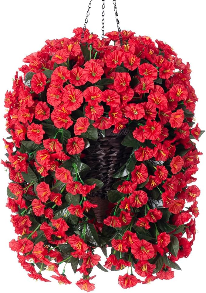HyeFlora Artificial Fake Red Hanging Flowers Plants Baskets for Outdoor Winter Christmas, Faux Silk UV Resistant Look Real Morning Glory Vines for Outside Porch Patio Balcony Garden Yard Home Decor
