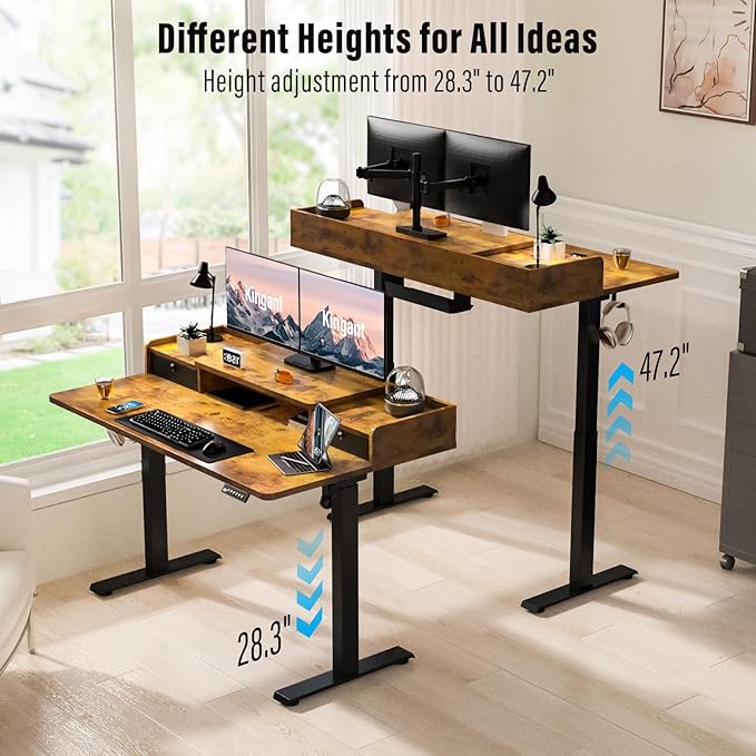 Kingant 63" x 30" Standing Desk with Drawers, Large Desktop, Ergonomic Sit Stand Desk for Home Office Work, Cable Management, 3 Preset Heights & 2 Hooks, Rustic Brown
