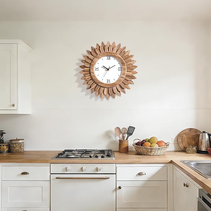 Honiway 14 Inch Wall Clocks Battery Operated Silent Non Ticking Rustic Wood Boho Sunburst Decorative Wall Clock for Living Room Kitchen Bedroom Farmhouse Office Decor (Rustic Brown-Roman Numerals)