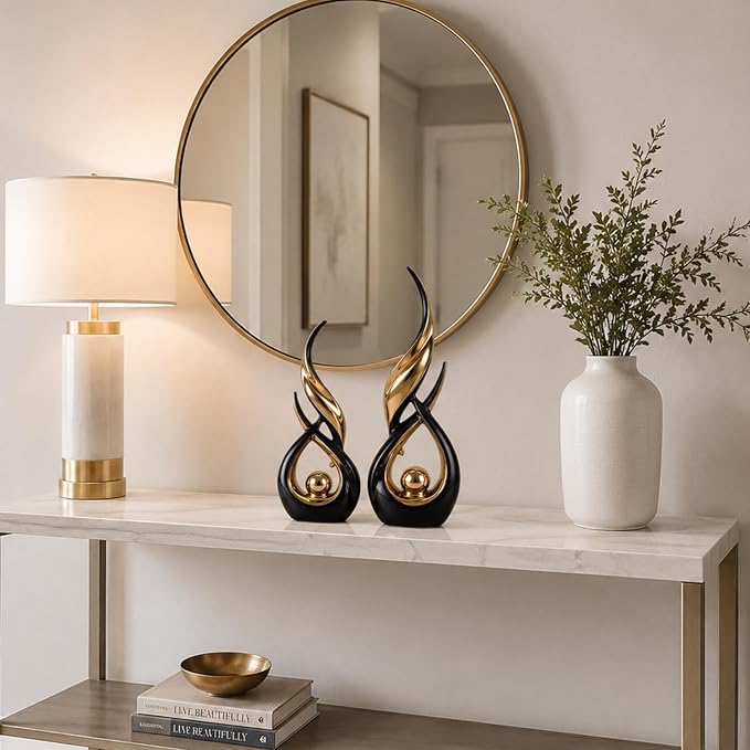 2 PCS Black Gold Ceramic Statues For Home Decor Accents, Modern Abstract Art Sculptures, Elegant Tabletop Decorative Objects For Dining Room, Entryway, Tv Stand, Mantel, Coffee Table Centerpieces