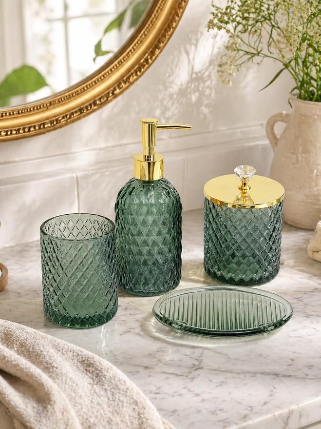 Haturi Bathroom Accessories Set, 4Pcs Sage Green Glass Bathroom Set Complete w/Bathroom Soap Dispenser Set, Toothbrush Holder, Qtip Holder, Soap Dish, Green Bathroom Decor, Gift for Home Apartment