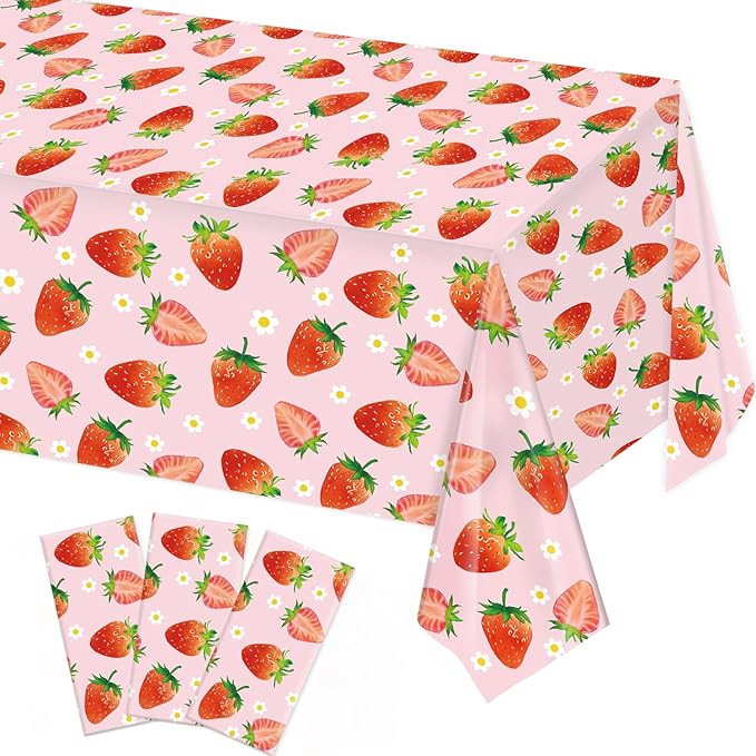 3 Pack Strawberry Tablecloths Strawberry Birthday Plastic Table Cover for Berry First Birthday Decor Baby Shower Party Decorations, 54 x 108 Inch
