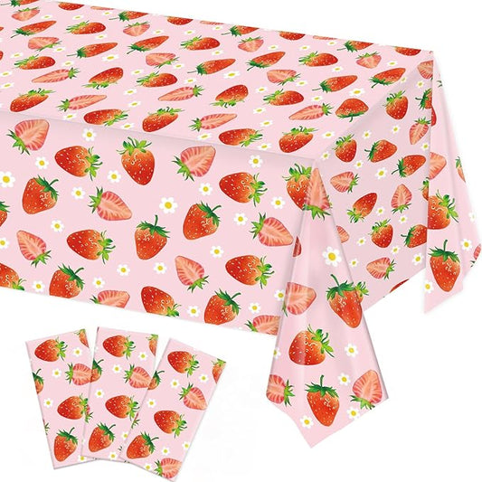 3 Pack Strawberry Tablecloths Strawberry Birthday Plastic Table Cover for Berry First Birthday Decor Baby Shower Party Decorations, 54 x 108 Inch