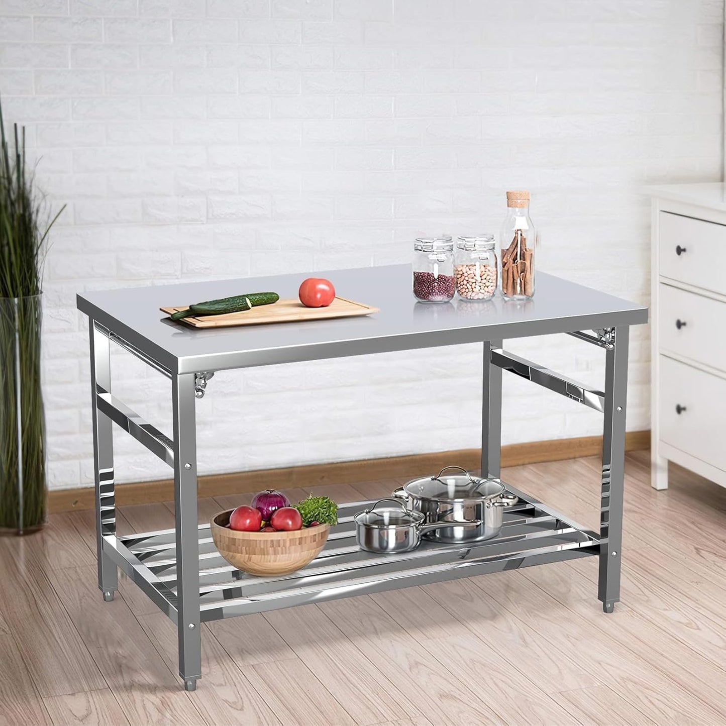 Stainless Steel Commercial Work Table - Heavy Duty 48" x 24" Folding Prep Table with Adjustable Undershelf
