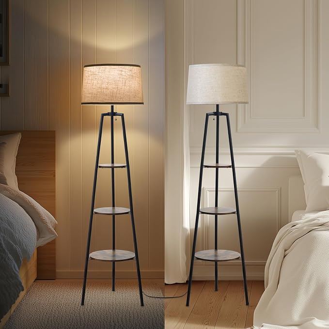 EOEYYOYB 3 Tier Shelf Floor Lamps for Living Room, Modern Standing Lamp with 3 Color Temperature Led Bulb, Tall Lamps for Bedroom and Office, Vintage Yellow