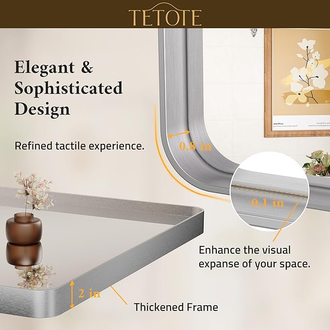 TETOTE 48 x 36 Inch Silver Mirrors for Bathroom, Brushed Silver Framed Rectangular Modern Farmhouse Large Vanity Mirror for Wall Decor (Horizontal/Vertical)