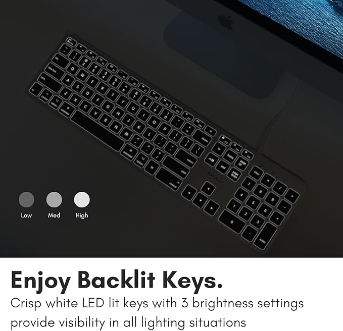Macally Backlit Mac Keyboard - Quiet, Sleek, and Functional - 3 Brightness Levels, 107 Keys, 5ft USB Wired - Apple Keyboard - Backlit Wired for Mac, iMac, MacBook Pro/Air - Space Gray