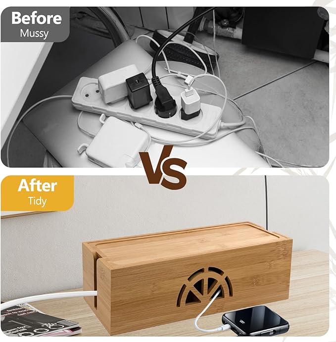 Bamboo Cable Management Box,Extra Large Cord Organizer Box,Power Strips Hider,Plug Strip Cord Box,Outlet Holder,Cords Concealer,Wires Covers,Desk & Floor Tidy Solution (Straight lid)