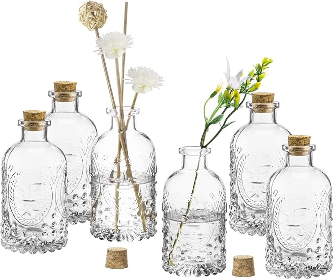 MyGift Vintage Design Embossed Fleur De Lis Clear Glass Bottles with Cork Lid, Apothecary Flower Bud Vases, Set of 6