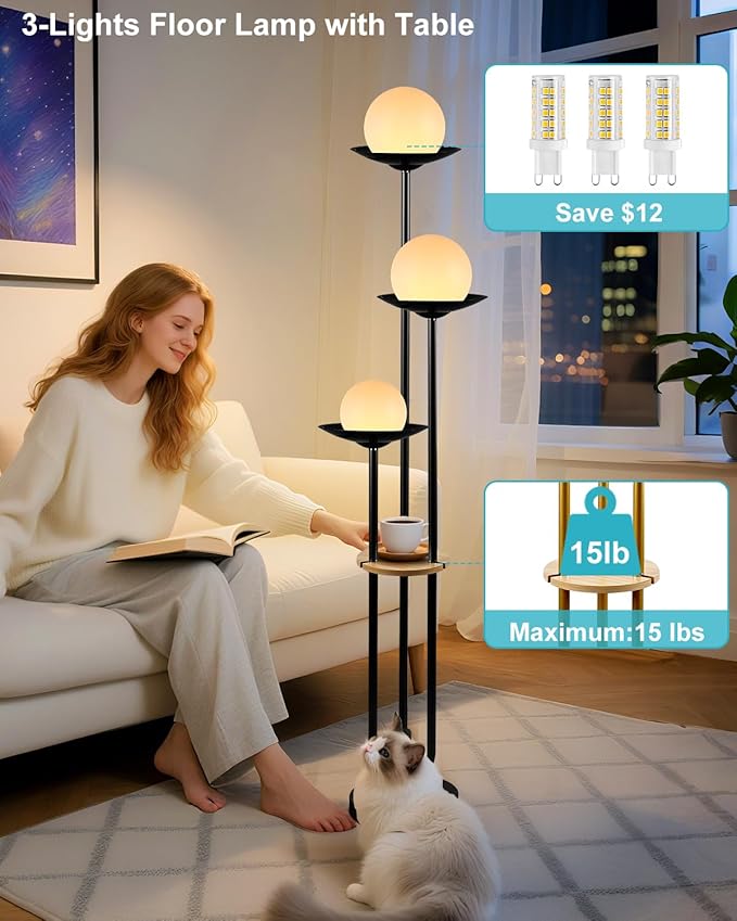 63IN Globe Floor Lamp with Table, 3-Lights Modern Dimmable Floor Lamps with 3000K Warm White Bulbs for Wedding/Party, Black Tall Standing Lamp with 5Lbs Heavy Base for Living Room/Bedroom