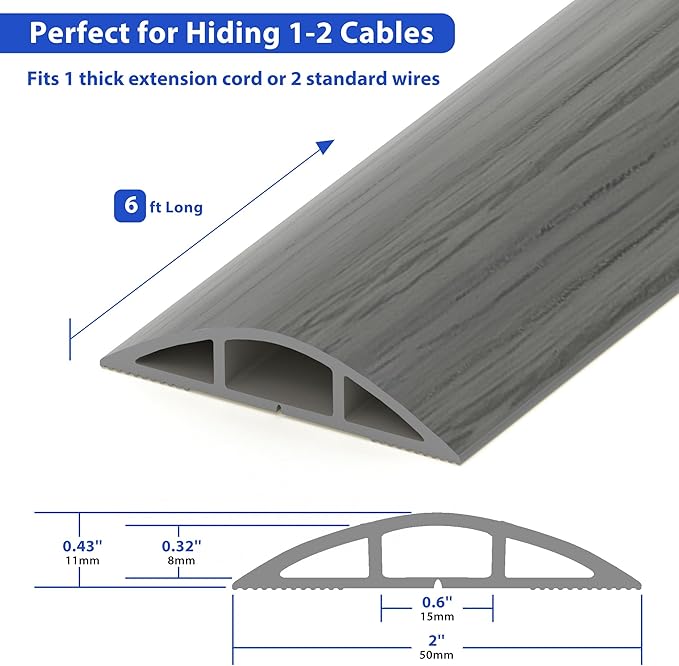 Floor Cord Cover 6ft, Cord Hider Floor Hide Extension Cords, Floor Cable Management Floor Cable Cover Wire Covers for Cords, Cable Protector Cord Cavity W0.6in x H0.32in Grey Wood