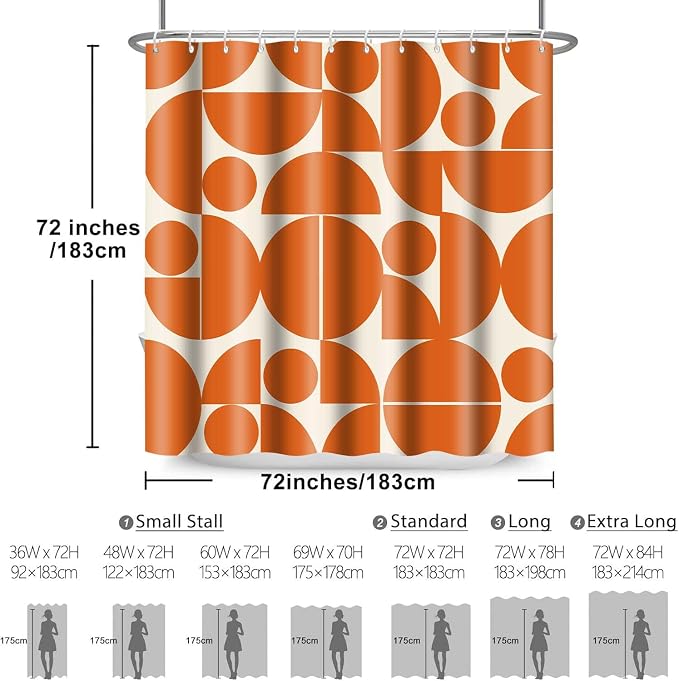 Vintage Orange Mid Century Modern Shower Curtain Boho Abstract Geometric Art Shower Curtains for Bathroom Decor 72x72 Inch 70s 80s Retro Washable Fabric Bathroom Set with 12 Hooks