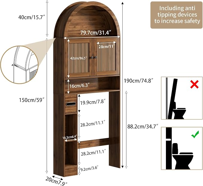 Arched Over The Toilet Storage Cabinet with Fluted Doors, Above Toilet Bathroom Organizer, 4 Tier Bathroom Cabinet Shelves with Toilet Paper Holder, Mid Century Modern Storage Rack, Tall, Wide, Walnut