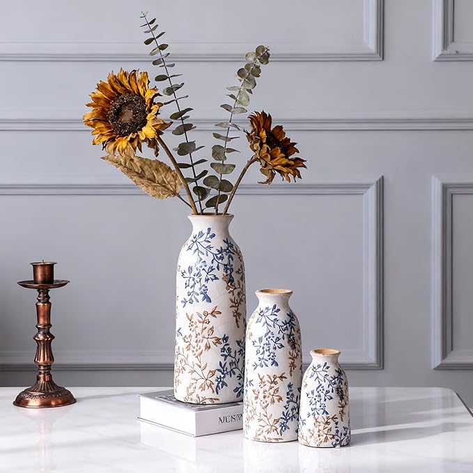 Ceramic Vase Set of 3, Blue and Beige Vintage Floral Glazed Vases for Home Decor, French Country Rustic Farmhouse Style Flower Vases, Grandmillennial Table Centerpiece for Living Room or Kitchen
