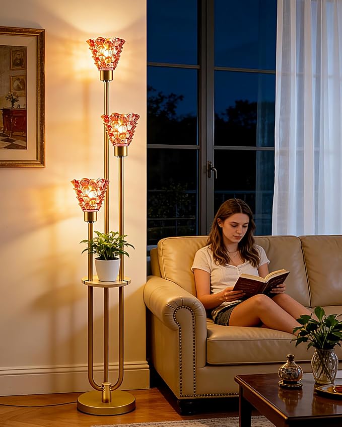 Lightdot Glass Floor Lamp with Shelf Mid Century Modern Gold Floor Lamps with Rose Red Glass Shade & Warm White Bulbs Included Standing Tall Lamp with 5Lbs Heavy Base for Living Room/Wedding/Office