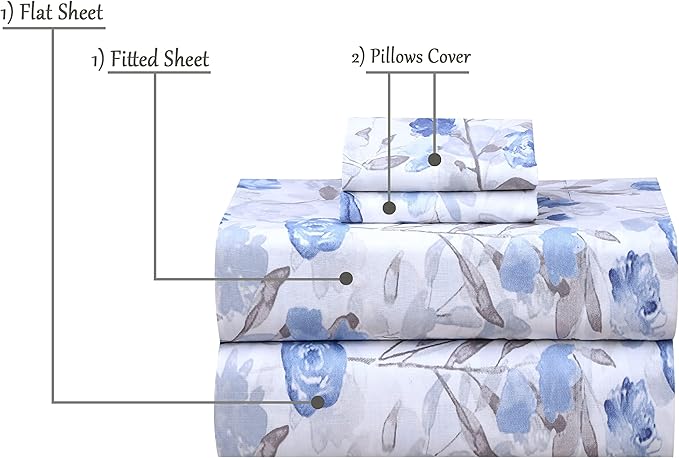 RUVANTI 100% Cotton Full Size Bed Sheets, 4 Pieces, Soft & Breathable Percale Weave Bedding, Deep Pocket 16", Hotel Standard, Crisp Cool Feel, Durable, Perfect Sheet Set Floral, Monotones