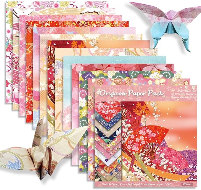 Square Origami Paper 6x6 Double Sided 50 Sheets 50 Colors 70GSM Origami Kit Japanese Chiyo Easy Fold Arts Crafts DIY Handwork Oriental Cherry