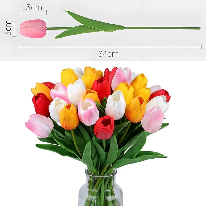 10pcs Yellow Mixed Red Artificial Flowers Fake Tulips 13" Silk Flower for Home Kitchen Wedding Decor Bouquet Decorations Office Floral Arrangements
