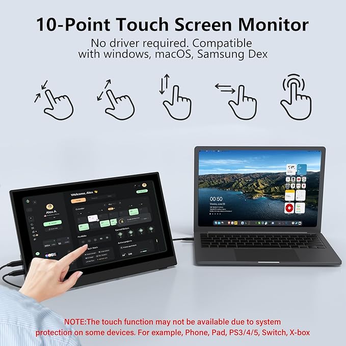 InnoView Portable Monitor Touchscreen 15.6" 1080P 10-Point Touch Screen Monitor Portable with Protective Sleeve Built-in Stand, 1200:1 HDMI USB C Travel Monitors for Laptop, PC, Phone