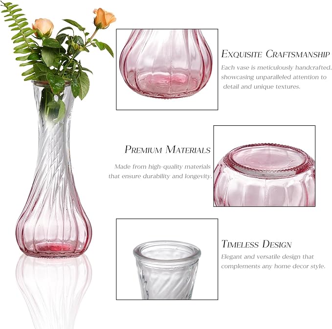 Glass Bud Vase Set of 20 - Small Vases for Flowers in Bulk - Assorted Vintage Crystal Vases for Flowers, Table Centerpieces (Pink, 20 Pcs)