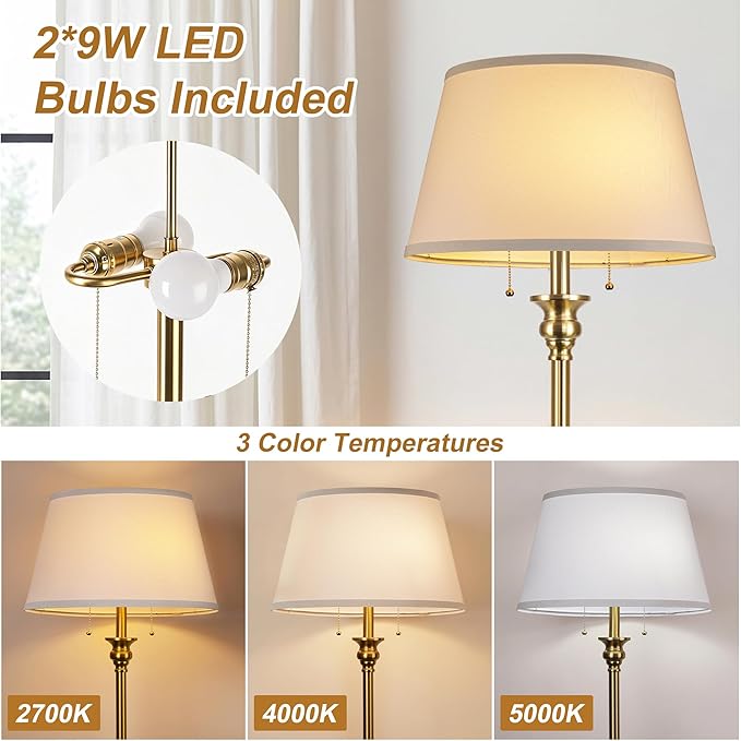 2-Light Floor Lamp for living room, 66.5'' Rustic Farmhouse Pole Lamp with Double Pull Chain, Mid Century Vintage Tall Standing Lamp for Bedroom Home Decor(3 Color Temperatures Bulb Included), Gold