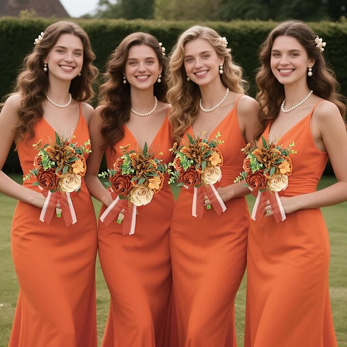 Set of 4 Bridesmaid Bouquets for Wedding - 9 Inch Artificial Flowers Bouquets for Ceremony Anniversary Centerpieces Decorations - Terracotta