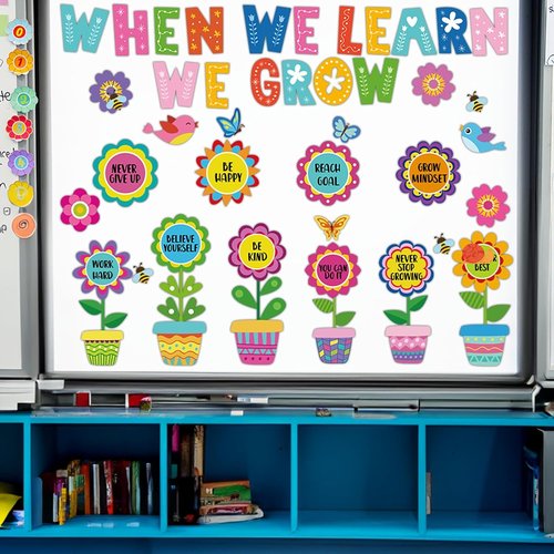 Skiennix 82-Pcs Summer Flower Growth Mindset Bulletin Board Set - Colorful Floral Cutouts for Classrooms