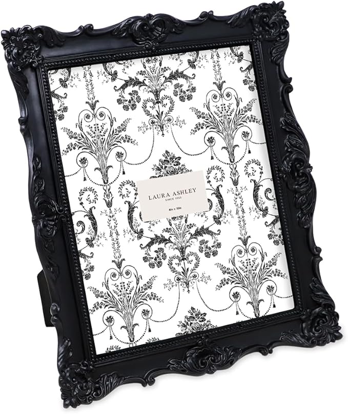Laura Ashley 8x10 Black Ornate Textured Hand-Crafted Resin Picture Frame with Easel & Hook for Tabletop & Wall Display, Decorative Floral Design Home Decor, Photo Gallery, Art, More (8x10, Black)