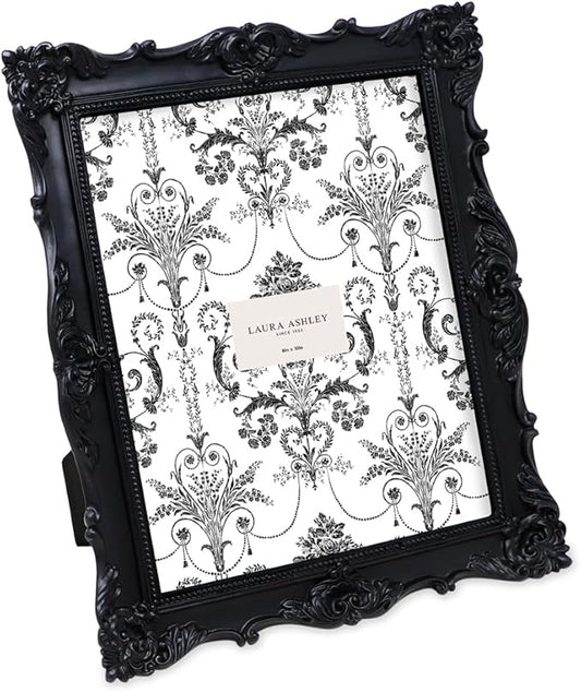 Laura Ashley 8x10 Black Ornate Textured Hand-Crafted Resin Picture Frame with Easel & Hook for Tabletop & Wall Display, Decorative Floral Design Home Decor, Photo Gallery, Art, More (8x10, Black)
