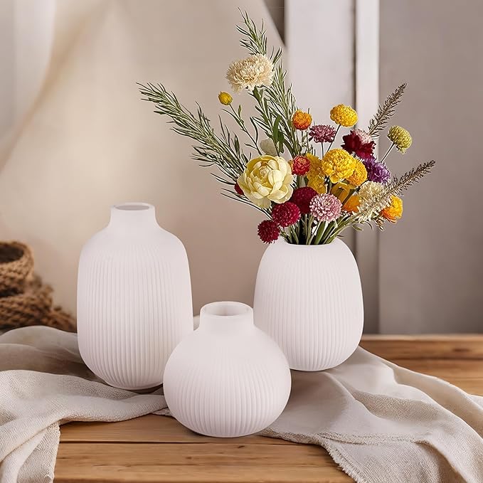 White Ceramic Vase Set of 3, Decorative Vases for Flowers, Home Decor Modern Minimalist Pottery Vases for Bouquet Pampas Grass Dried Fresh, Bookshelf, Shelf, Bedroom, Entryway Mantel Decor